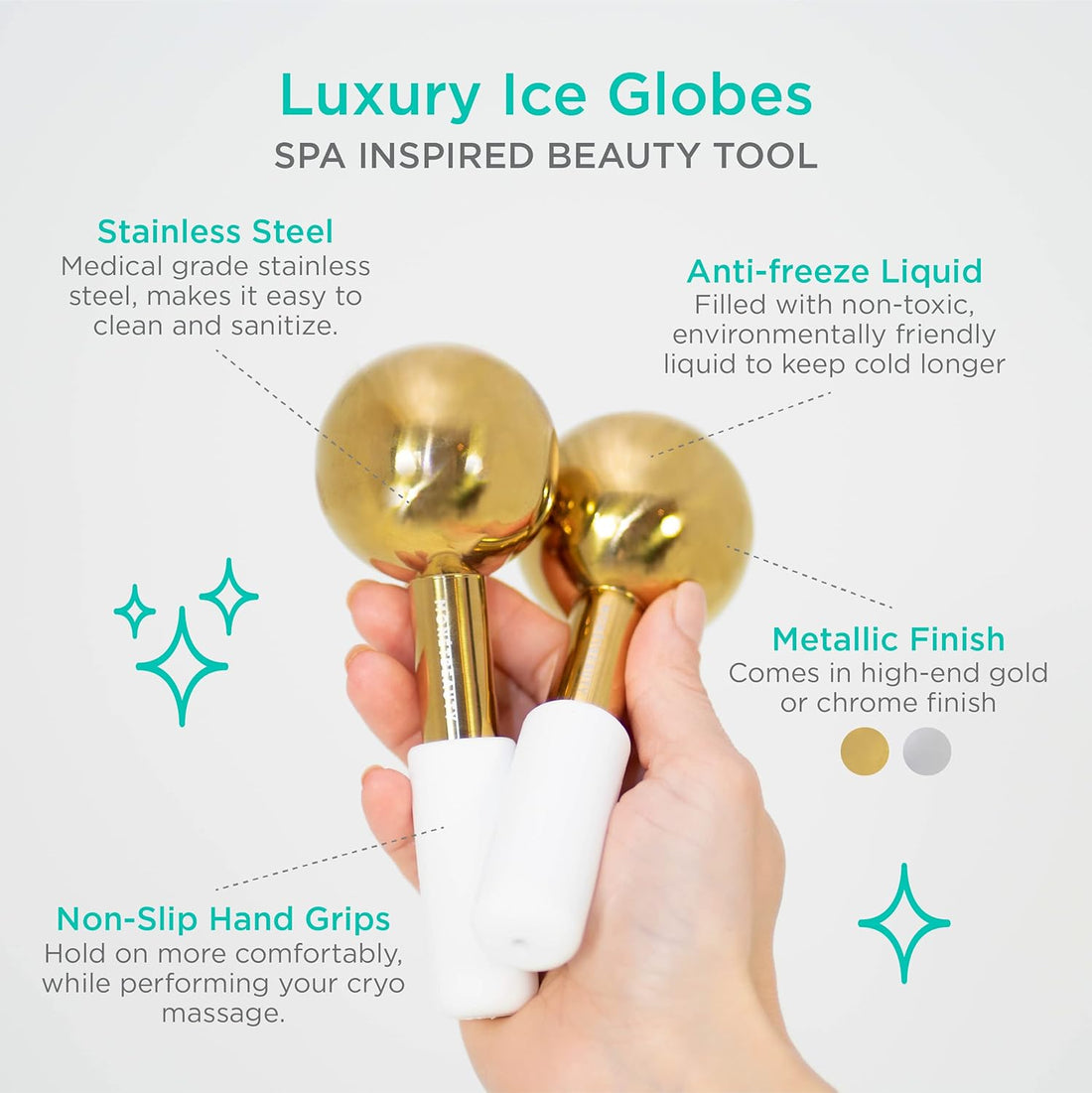 Stainless Steel Ice Globes for Facials (Gold), Durable Cryo Globes Instantly Reduce Puffiness, Tighten Pores and Sinus Relief, Face Globes for Facial Massages and Daily Beauty Routines