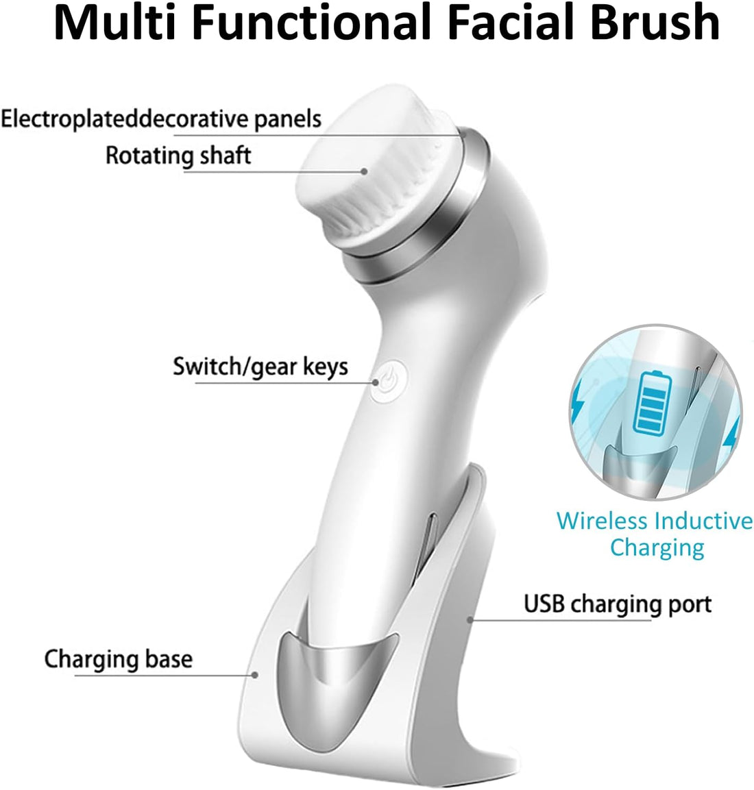 Electrical Facial Cleansing Brush - 3 Brush Heads for Deep Skin Cleaning, Gentle Exfoliating and Massaging - IPX7 Waterproof - USB Rechargeable Dock with Exquisite Present Box (Silver)