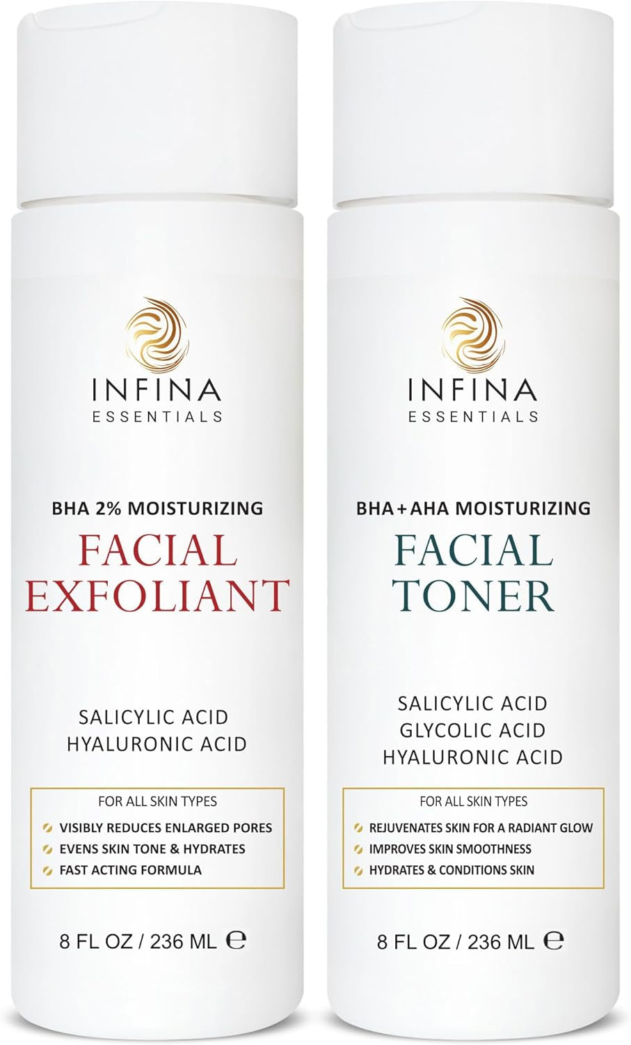 Face Exfoliator & Toner for Face, Big 8 Fl Oz Each - Revitalizing Facial Toner & Pore Reducing BHA Liquid Exfoliant - Optimal Facial Skin Care Products for Women