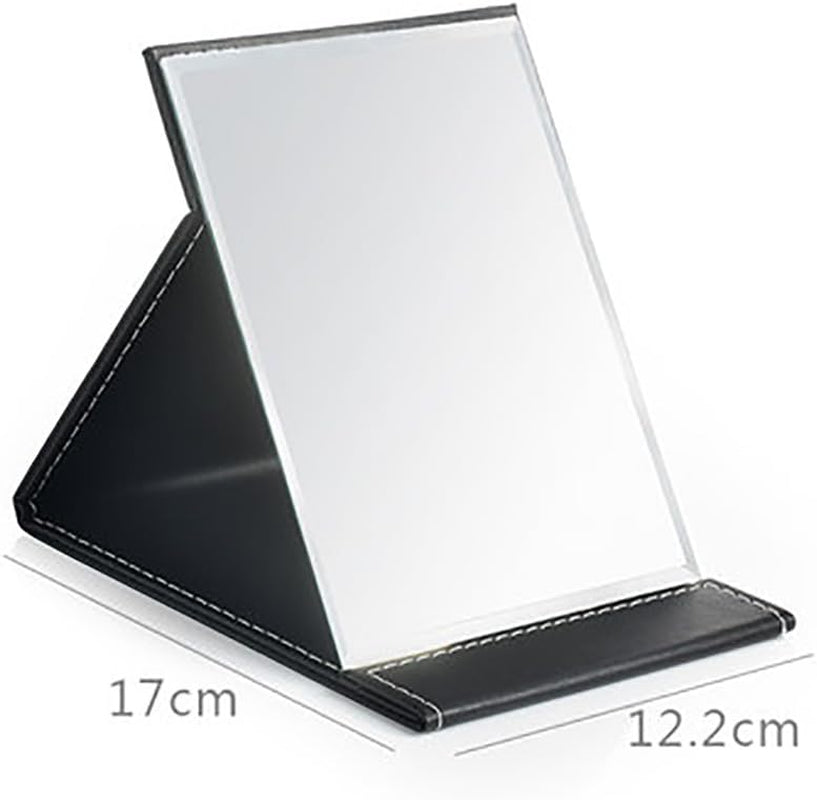 Protable PU Leather Mirror Folding Desktop Makeup Mirror with Adjustable Stand for Personal Use,Travelling (S, Black)