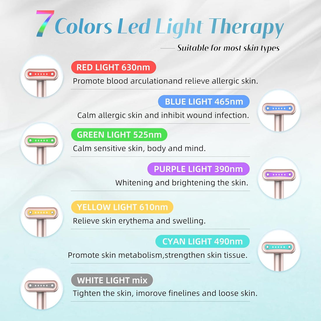 Led-Face-Wand，7 in 1 LED Light Therapy Facial Red & Blue Rejuvenation Tool