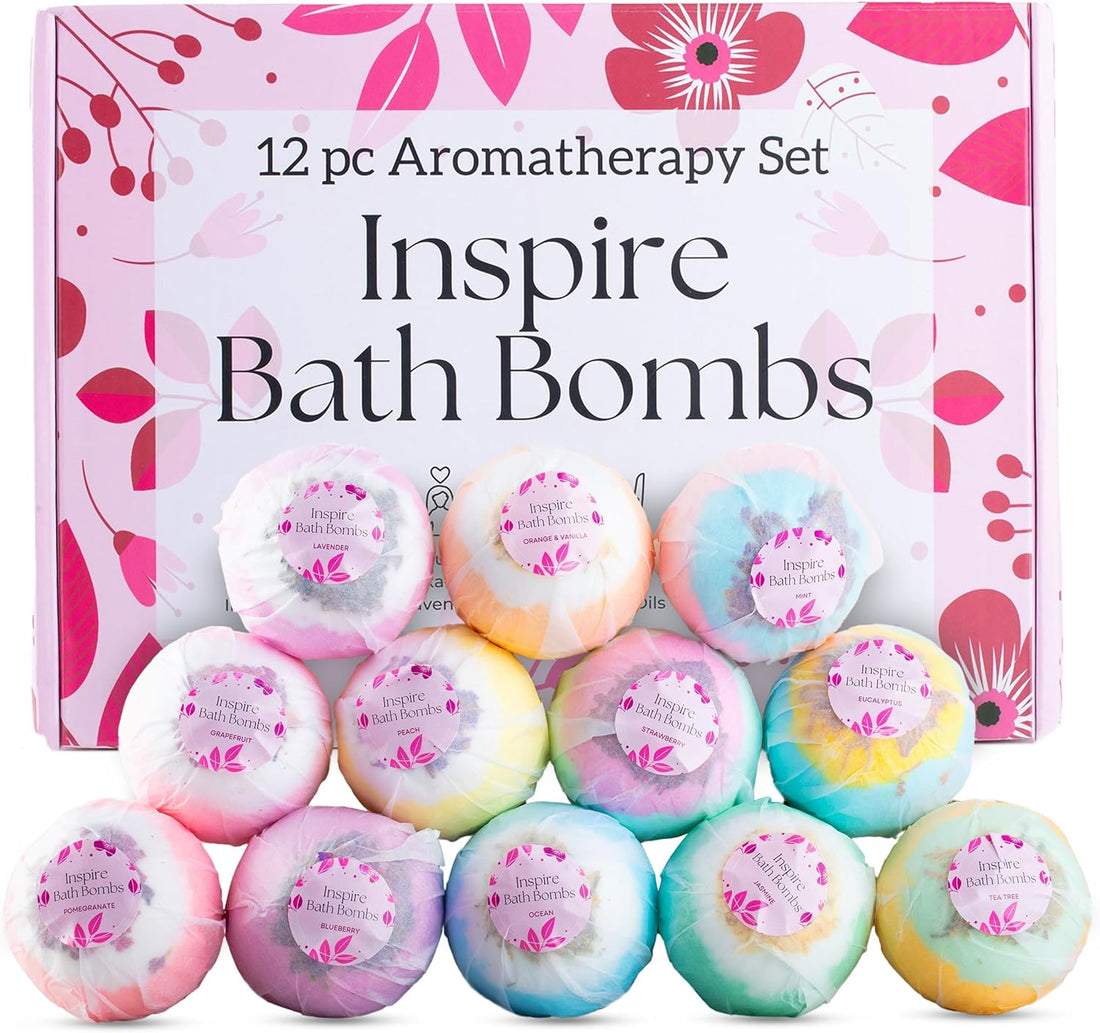 Inspire All Natural Bath Bombs Organic - 12 Large Bath Bombs with Flowers, Luxury Scented Bath Bombs for Women, Women'S Bath Bomb Gift, Fizzy Bath Bombs Set, Relaxing Bath Bombs, Bath Ball Flower Bomb