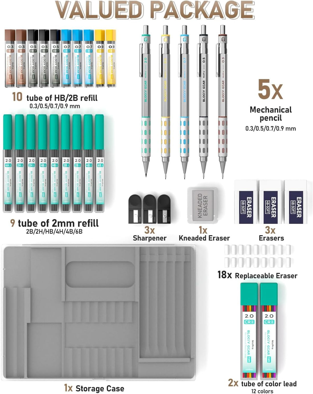 36PCS Blocky Gear Mechanical Pencil Set with Case, Metal Mechanical Pencils 0.3, 0.5, 0.7, 0.9, 2Mm Lead Holder for Art Drawing Sketching with 21 Tubes (6B 4B 2B HB 2H 4H Colors) Lead Refills