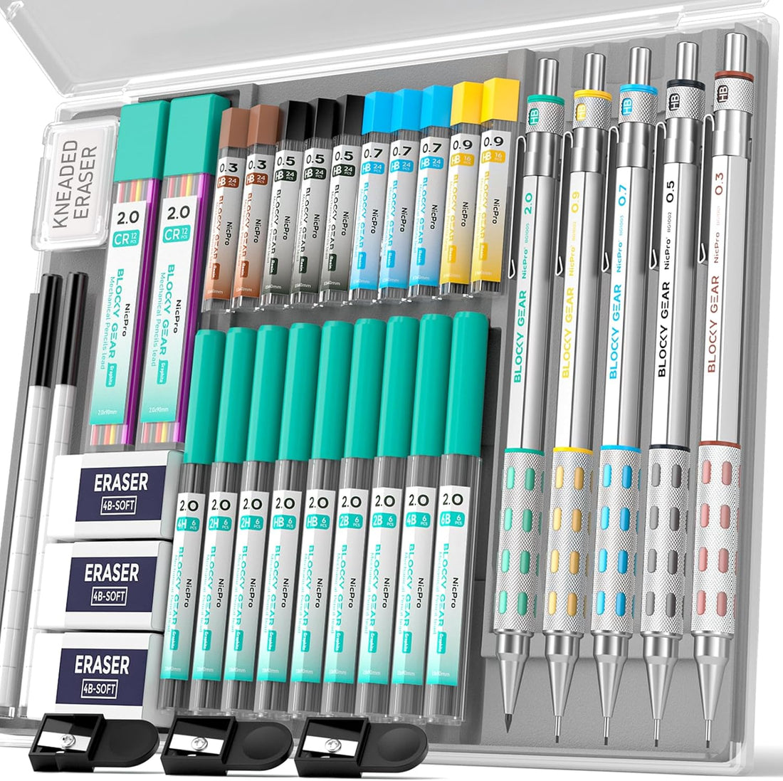 36PCS Blocky Gear Mechanical Pencil Set with Case, Metal Mechanical Pencils 0.3, 0.5, 0.7, 0.9, 2Mm Lead Holder for Art Drawing Sketching with 21 Tubes (6B 4B 2B HB 2H 4H Colors) Lead Refills