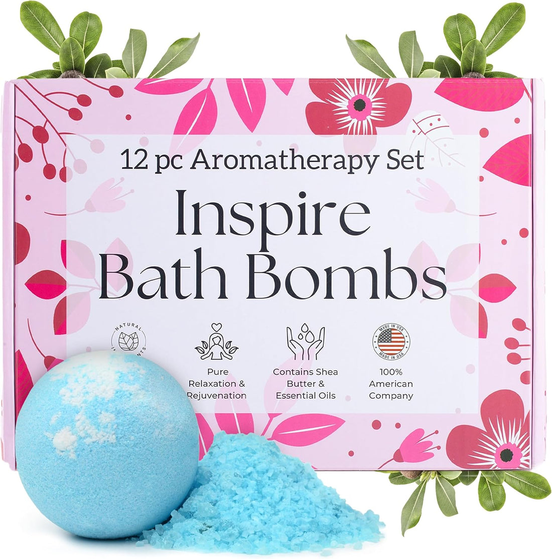 Inspire All Natural Bath Bombs Organic - 12 Large Bath Bombs with Flowers, Luxury Scented Bath Bombs for Women, Women'S Bath Bomb Gift, Fizzy Bath Bombs Set, Relaxing Bath Bombs, Bath Ball Flower Bomb