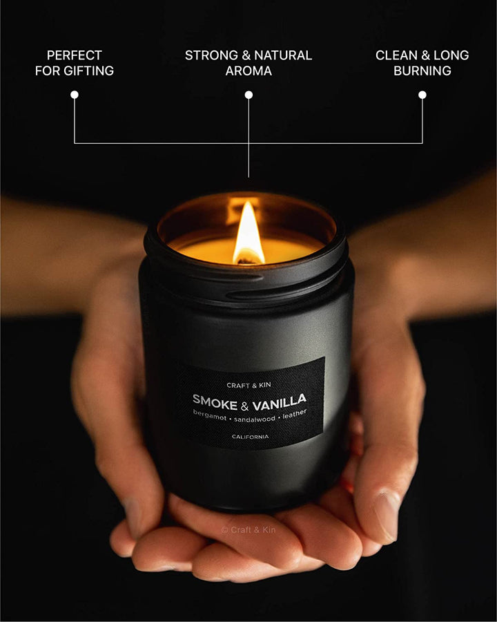 Premium Smoke & Vanilla Candle | Black Scented Candles for Men | Long Lasting with 45 Hour Burn Time, 7.6Oz | Made with Soy | Aromatherapy at Home | Gifts for Men