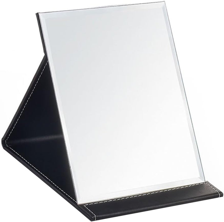 Protable PU Leather Mirror Folding Desktop Makeup Mirror with Adjustable Stand for Personal Use,Travelling (S, Black)