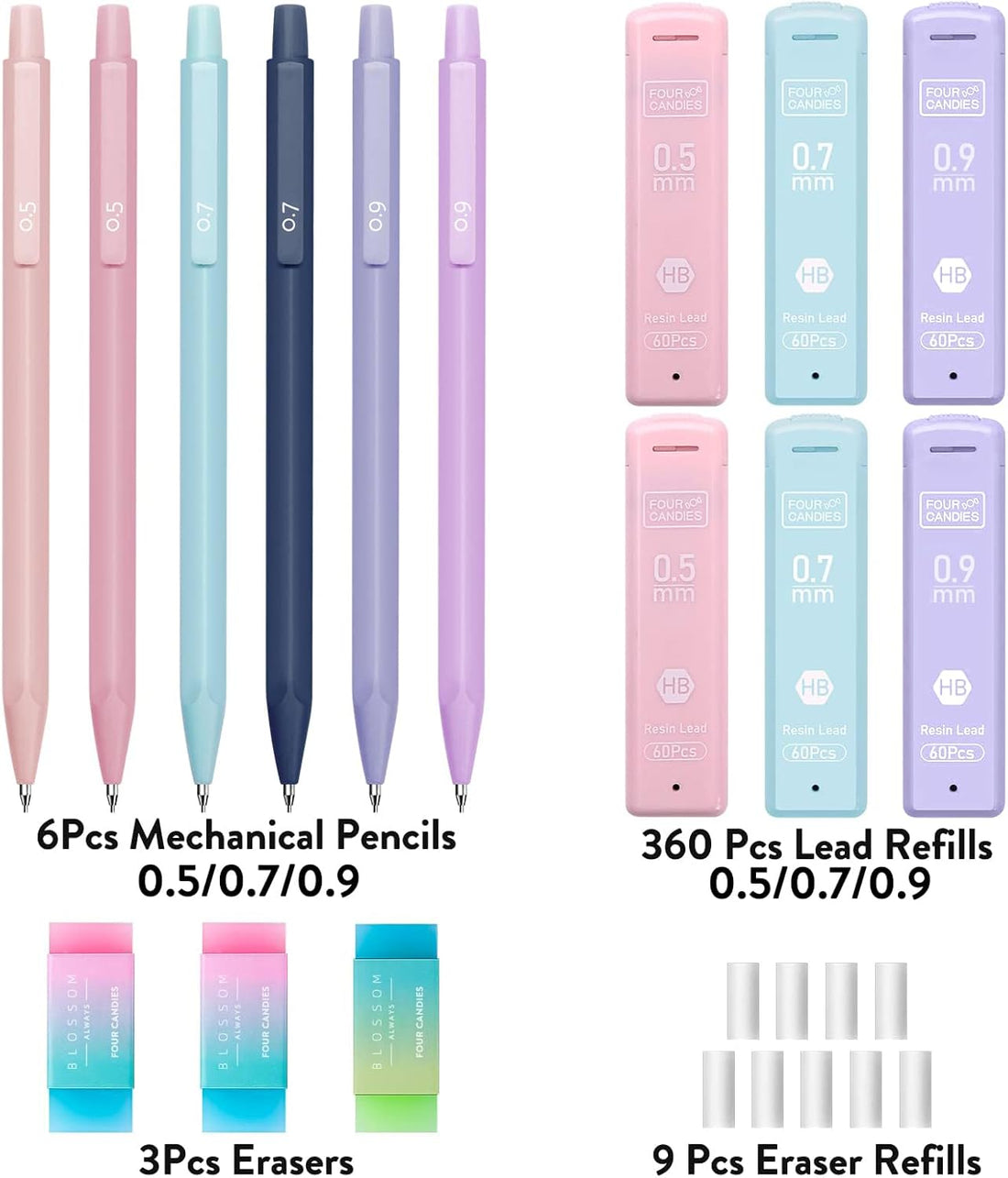 Cute Mechanical Pencil Set, 6PCS Pastel Mechanical Pencils 0.5 Mm & 0.7Mm & 0.9Mm with 360PCS Leads, 3PCS Erasers and 9PCS Eraser Refills, Aesthetic Pencils for Girls Writing, Art Drawing