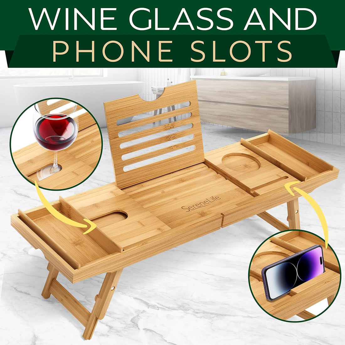 Bath Caddy Breakfast Tray Combo - Natural Bamboo Wood Waterproof Tub and Bed with Folding Slide-Out Arms, Device Grooves, Wine Glass Soap Holder