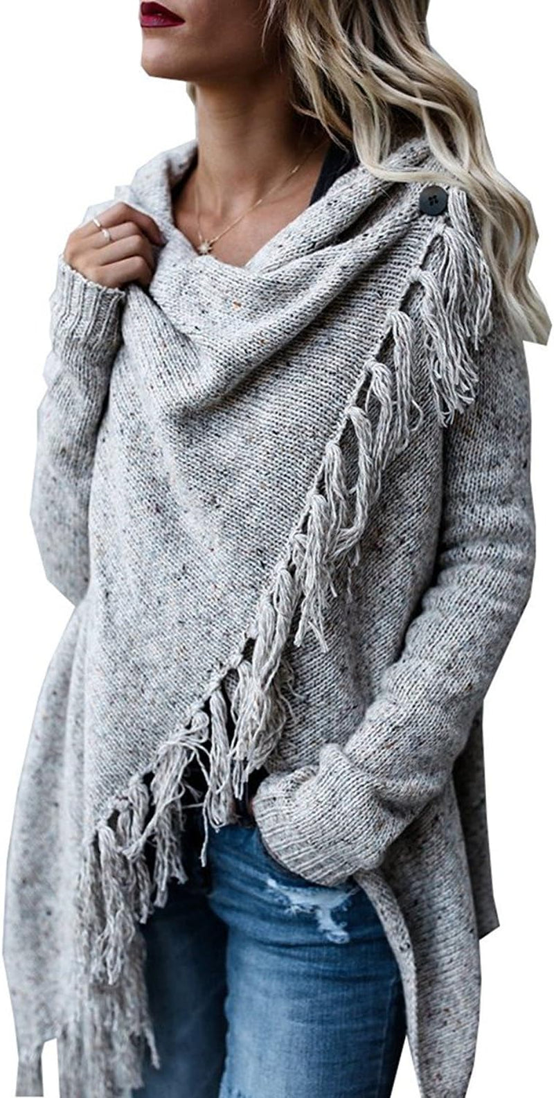 Women'S Open Front Knited Tassels Slash Loose Cardigan Crew Neck Speckled Fringe Sweater Outwear