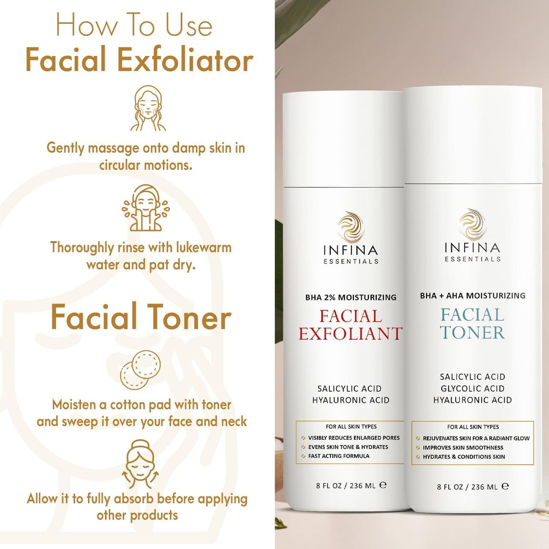 Face Exfoliator & Toner for Face, Big 8 Fl Oz Each - Revitalizing Facial Toner & Pore Reducing BHA Liquid Exfoliant - Optimal Facial Skin Care Products for Women